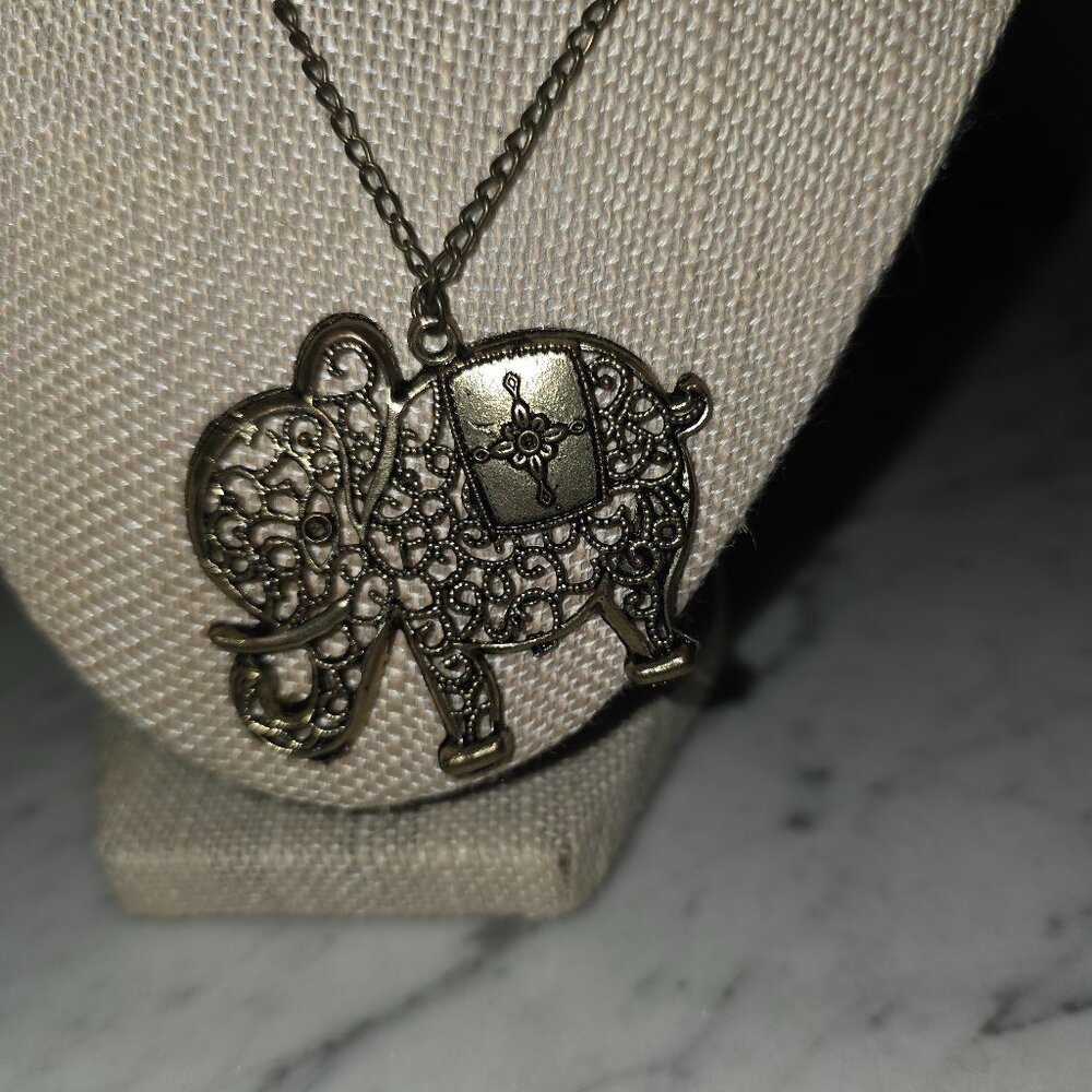 Vintage Elephant Pendant Necklace Filigree Gold Tone Elephant Statement Necklace